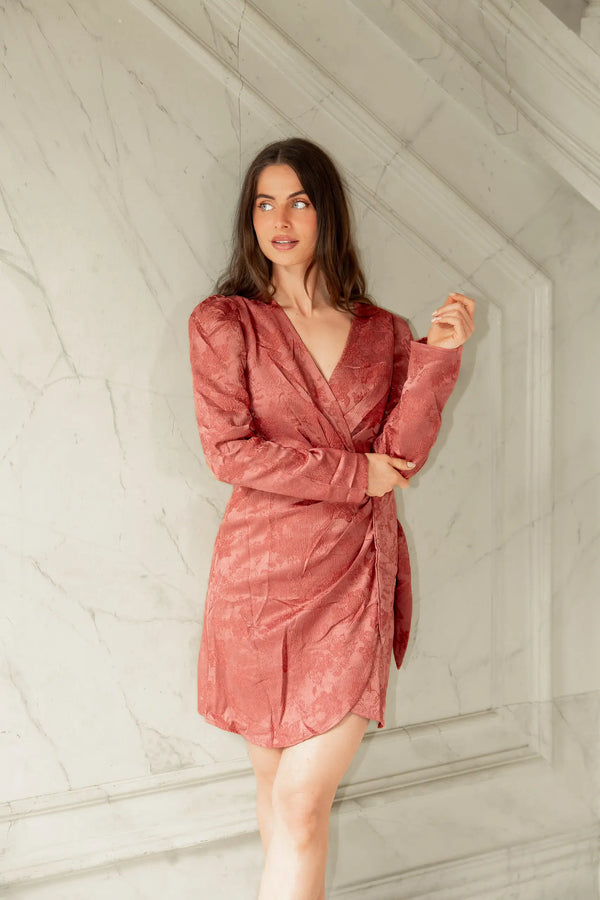 Regina womens wrap dress in dusky pink with long sleeves - Festive - ShoeStories