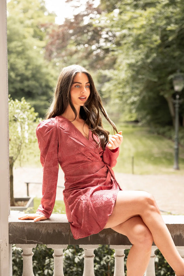 Regina womens wrap dress in dusky pink with long sleeves - Festive - ShoeStories