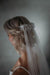 Woman wearing a veil with floral details against a neutral background